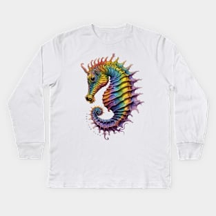 Curious Rainbow Seahorse fantastic creature design Kids Long Sleeve T-Shirt